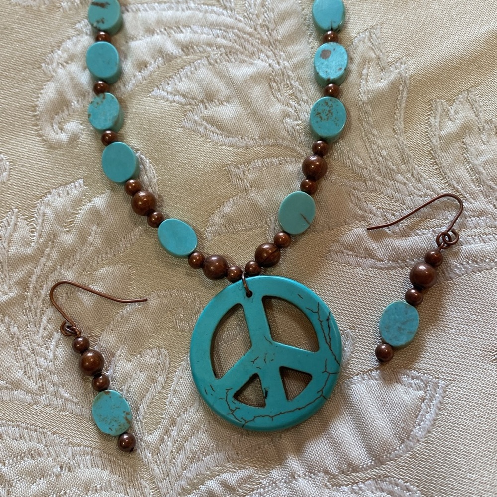 Pamela Reece Original Faux peace Turquoise/dark copper necklace & earring set
